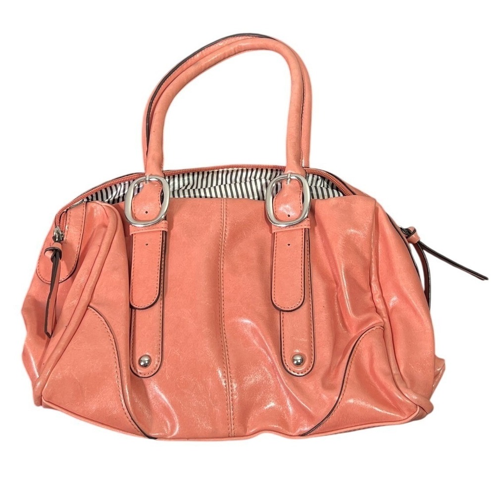 Stylish Coral Pink Faux Leather Satchel Handbag Striped Lining Silver Hardware
